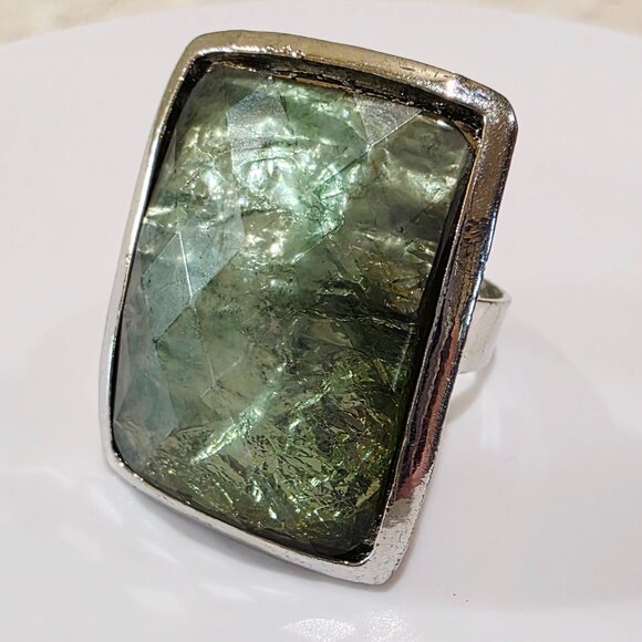 Fashion Jewelry Jewelry - Vintage Green Foil Faceted Acrylic Stone Silver Plate Rectangle Adjustable Ring